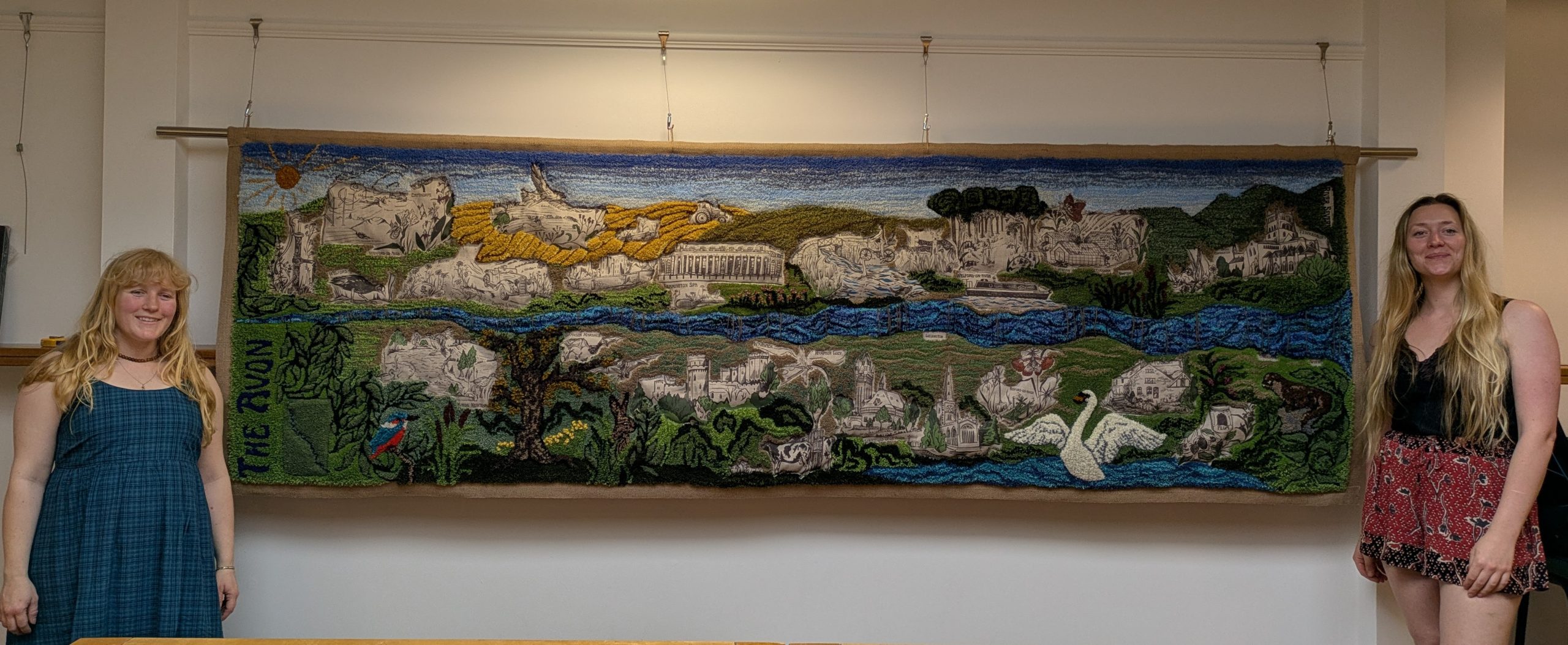 River Avon tufted tapestry commissioned by Stan's Cafe, created by Studio MEAD, co-founded by Ellie Carr-Smith and Molly Acacia Hughes, combining tufting, print, stitch and illustration